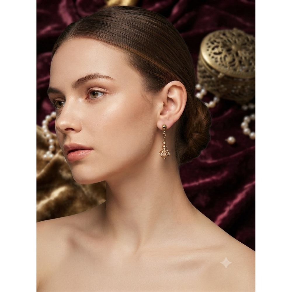 Gold Tone Rhinestone Tiered Bead Drop Earrings‎ Vintage Style Dangle